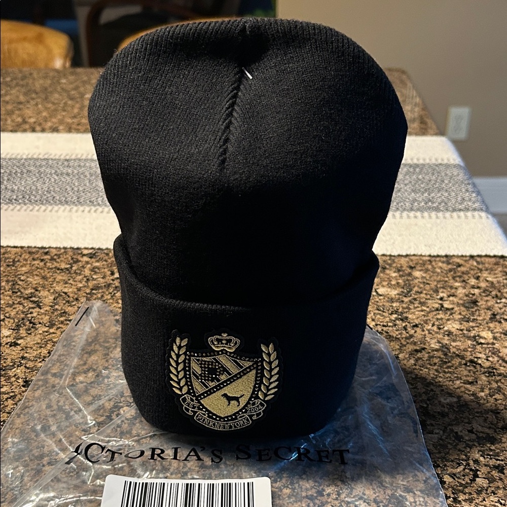 Victoria's Secret Black Rib Knit Beanie with Gold Emblem Logo